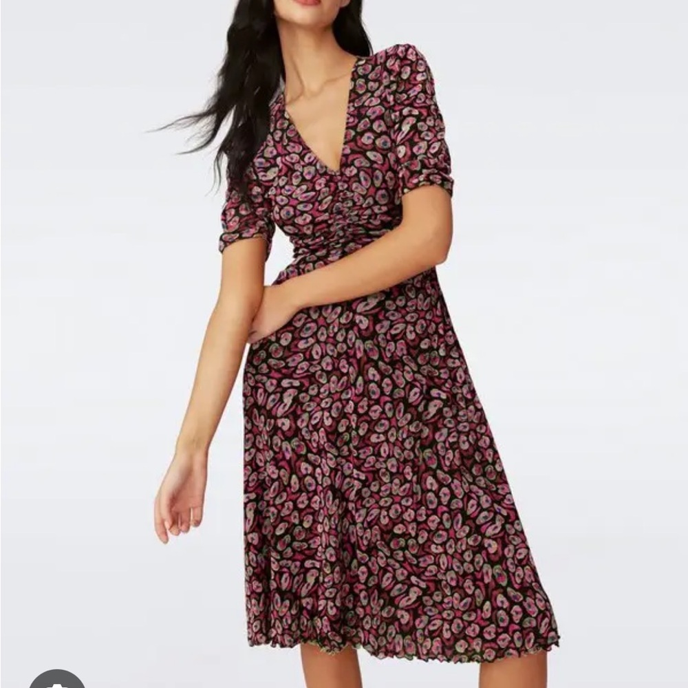 DVF Koren Reversible Dress in Bird Weave Green/Leopard Soirée - Picture 2 of 15